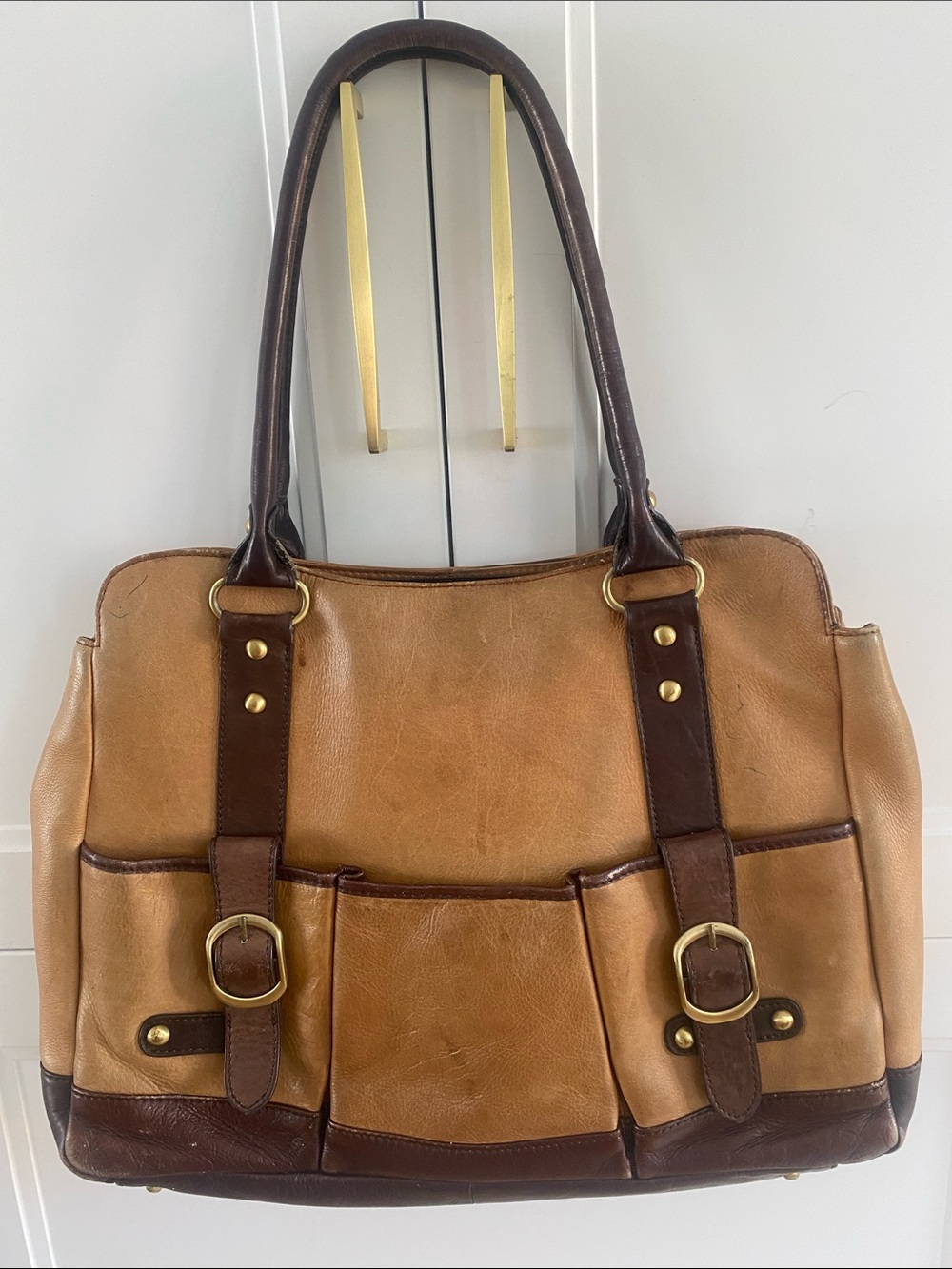 BUGATTI Large Two-Tone Tan/Brown all Leather laptop Tote Bag with lots of space
